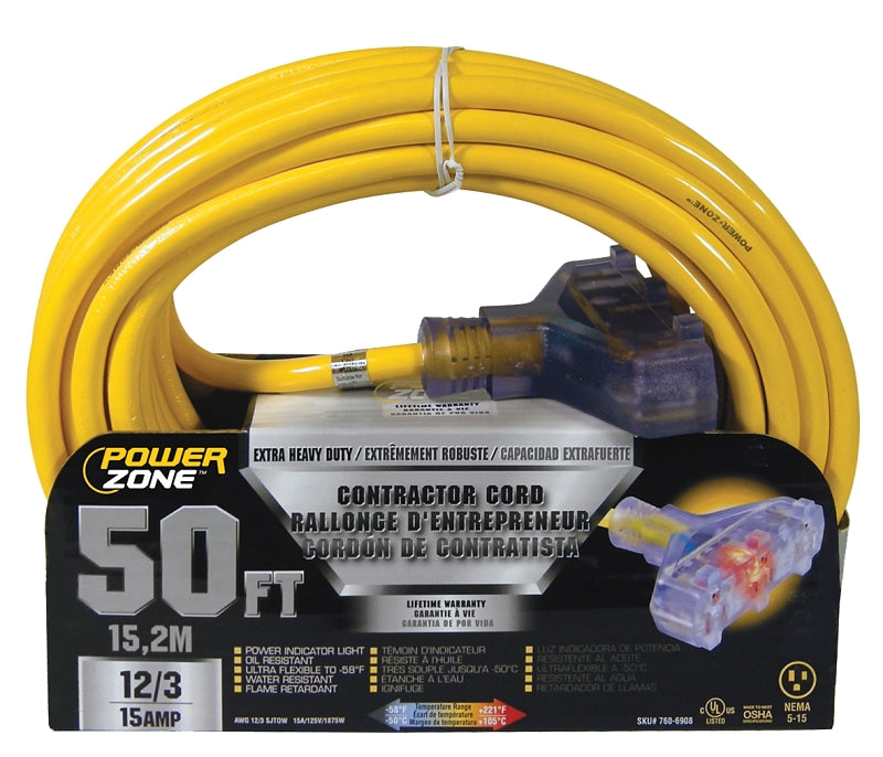 PowerZone Contractor Cord, 12 AWG Cable, 50 ft L, 15 A, 125 V, Yellow