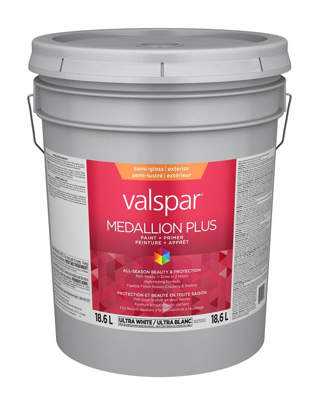 Medallion Plus 029.1027002.008 Exterior Paint and Primer, Acrylic, Semi-Gloss, Ultra White, 5 gal