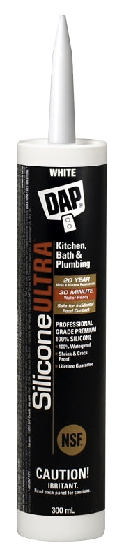 DAP SILICONE ULTRA 73389 Bath and Plumbing Sealant, White, 24 hr Curing, -37 to 60 deg C, 300 mL Cartridge