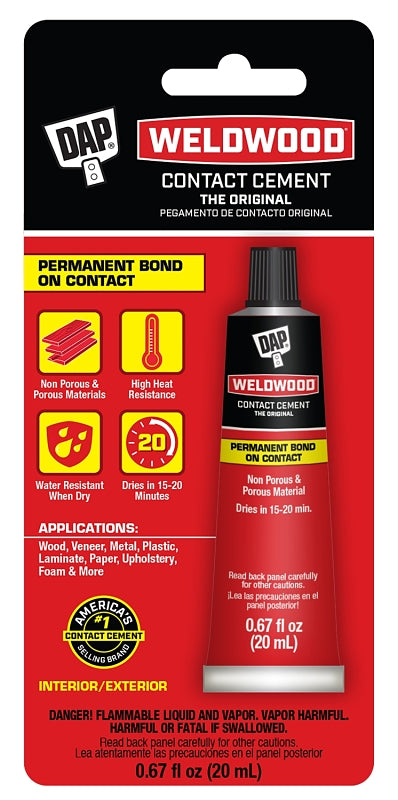 DAP Weldwood 7079800129 Contact Cement, Liquid, Strong Solvent, Tan, 0.67 oz Bottle