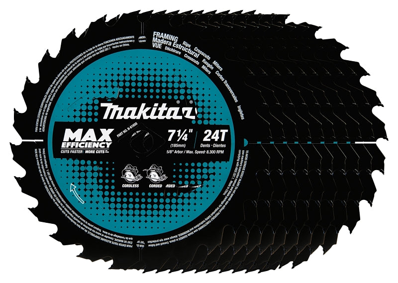 Makita B-61656-10 Circular Saw Blade, 7-1/4 in Dia, 5/8 in Arbor, 24-Teeth, Carbide Cutting Edge