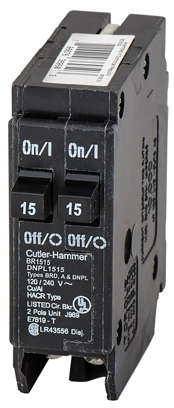 Cutler-Hammer BR1515 Circuit Breaker, Duplex, Type BR, 15 A, 1 -Pole, 120/240 V, Plug Mounting