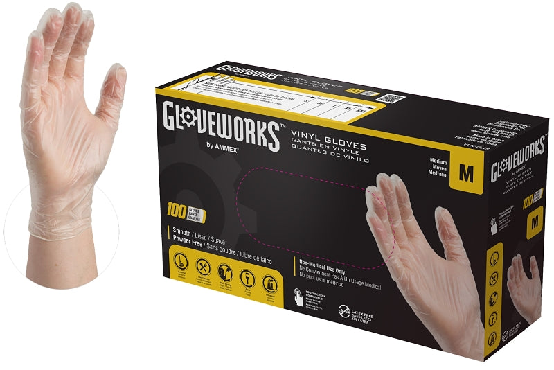 Gloveplus IVPF44100 Disposable Gloves, M, Vinyl, Powder-Free, Clear, 11.73 in L