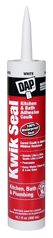 DAP KWIK SEAL 18032 Adhesive Caulk, White, -20 to 150 deg F, 10.1 oz Cartridge