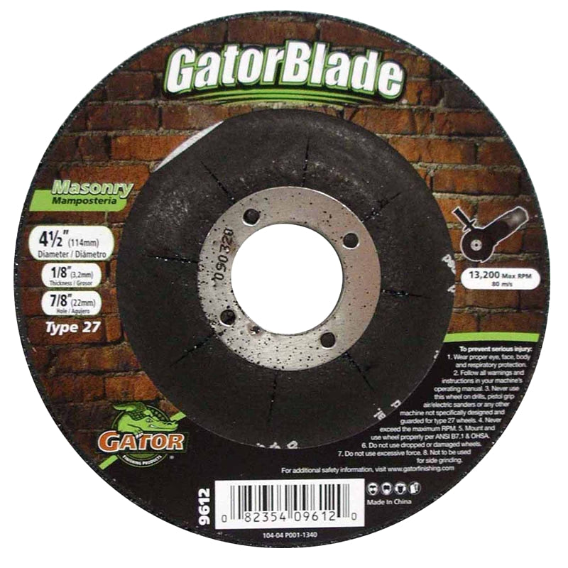 GatorBlade 9612 Cut-Off Wheel, 4-1/2 in Dia, 1/8 in Thick, 7/8 in Arbor, 24 Grit, Silicone Carbide Abrasive