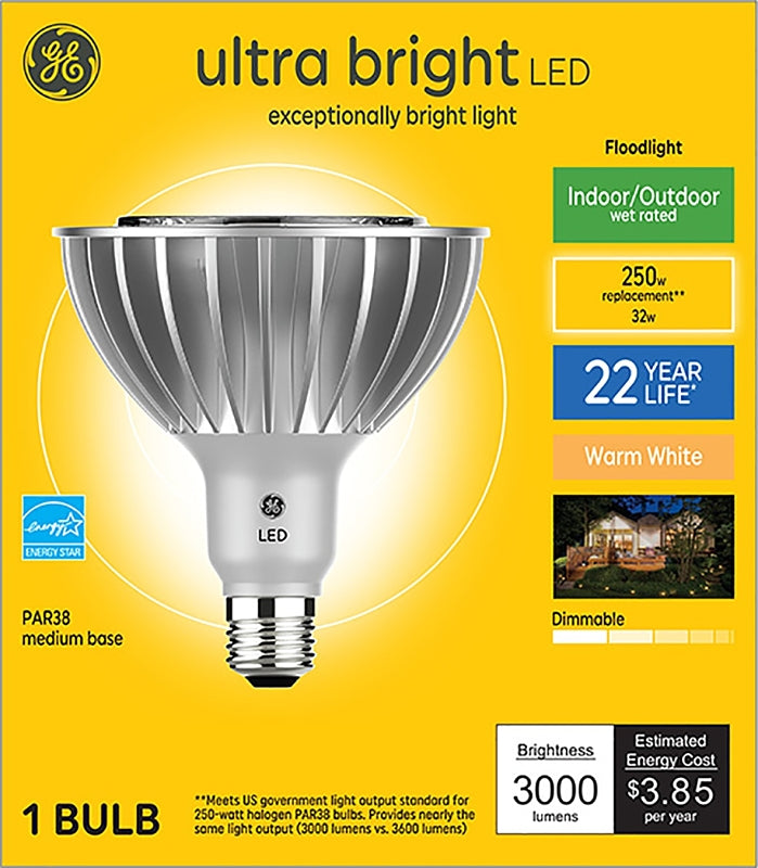 GE 37667 LED Bulb, Flood/Spotlight, PAR38 Lamp, 250 W Equivalent, E26 Lamp Base, Dimmable, Warm White Light