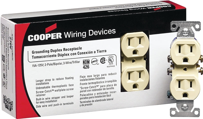 Eaton Wiring Devices 270V-JP-C Duplex Receptacle, 2 -Pole, 15 A, 125 V, Push-in, Side Wiring, NEMA: 5-15R, Ivory