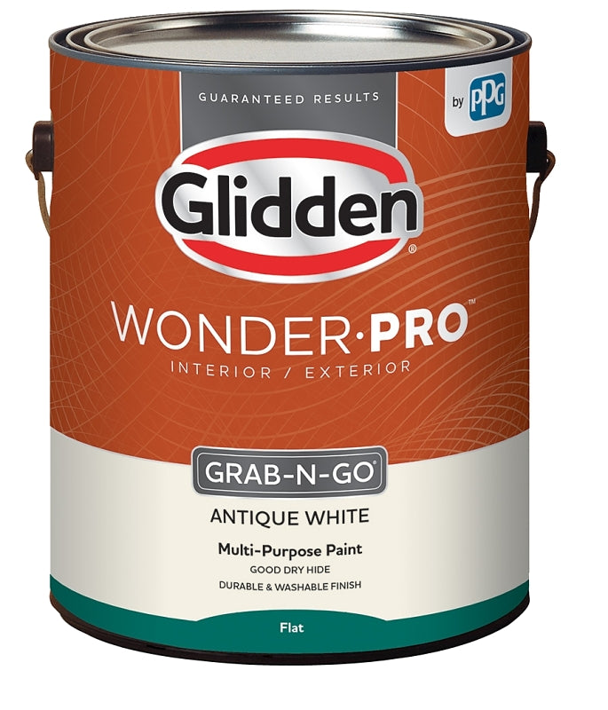 Glidden Wonder-Pro GLWP30AW/01 Interior/Exterior Paint, Flat Sheen, Antique White, 1 gal, 400 sq-ft/gal Coverage Area