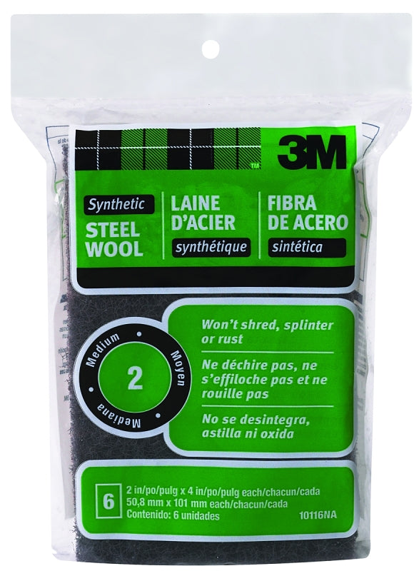 3M 10116 Steel Wool, 4 in L, 2 in W, #2 Grit, Medium, Black