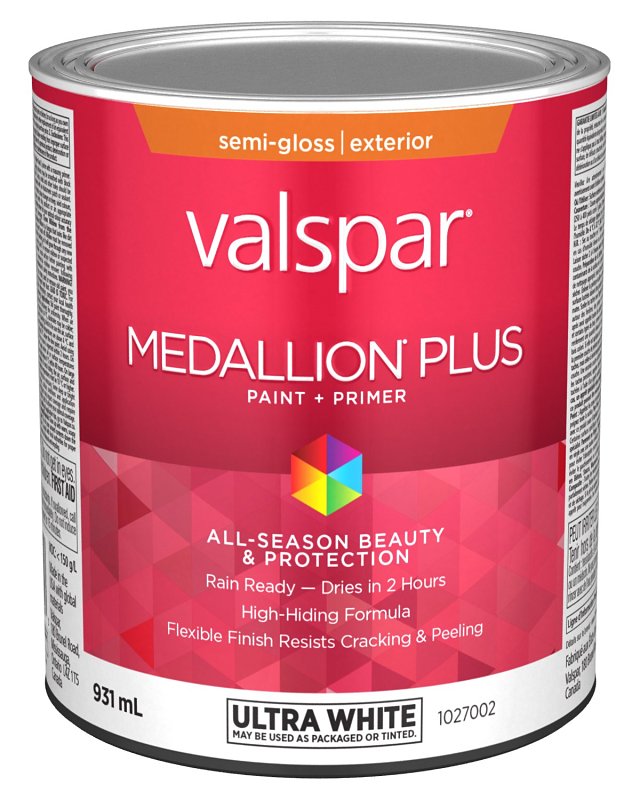 Medallion Plus 029.1027002.005 Exterior Paint and Primer, Acrylic, Semi-Gloss, Ultra White, 1 qt