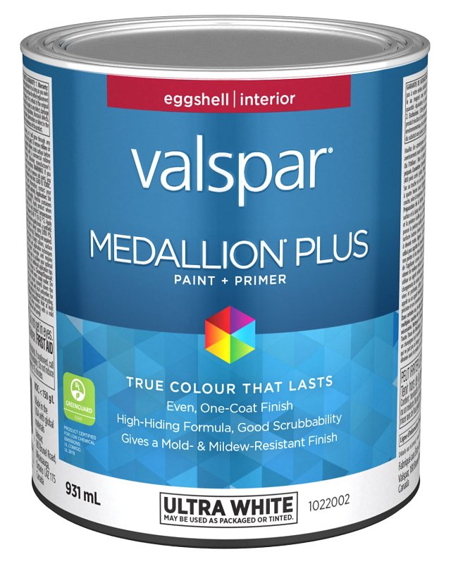 Medallion Plus 029.1022002.005 Interior Paint and Primer, Acrylic, Eggshell, Ultra White, 1 qt, 37 sq-m Coverage Area