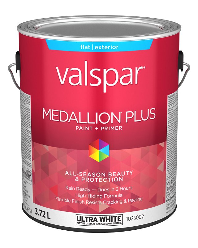 Medallion Plus 029.1025002.007 Exterior Paint and Primer, Acrylic, Flat, Ultra White, 1 gal, 400 sq-ft/gal Coverage Area