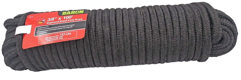 BARON 52218 Rope, 3/8 in Dia, 100 ft L, 133 lb Working Load, Polypropylene, Black