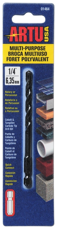 ARTU 01464 Drill Bit, 1/4 in Dia, 4-1/8 in OAL, Multi-Purpose, Parabolic Flute, Quick-Connect Shank