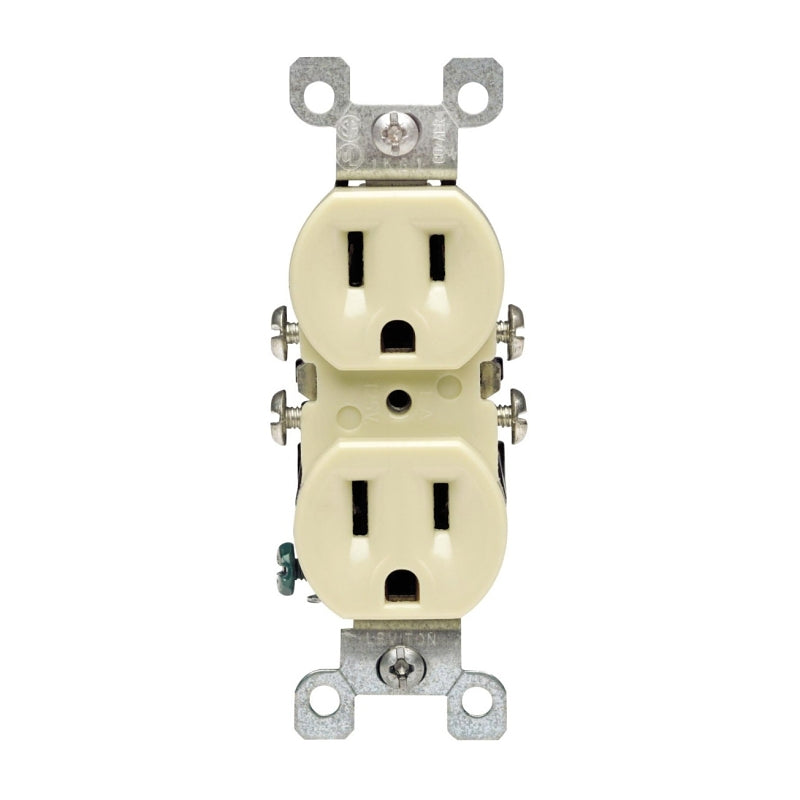 Leviton 017-12650-00I Duplex Receptacle, 2 -Pole, 15 A, 125 V, Side Wiring, NEMA: 5-15R, Ivory