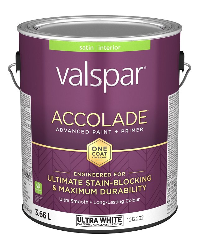 Accolade 029.1012002.007 Interior Paint and Primer, Acrylic, Satin, Ultra White, 1 gal, 37 sq-m Coverage Area