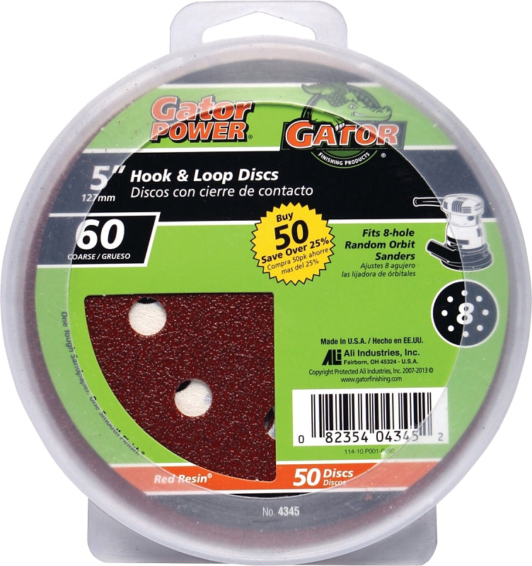 Gator 4345 Sanding Disc, 5 in Dia, 60 Grit, Coarse, Aluminum Oxide Abrasive, Vented