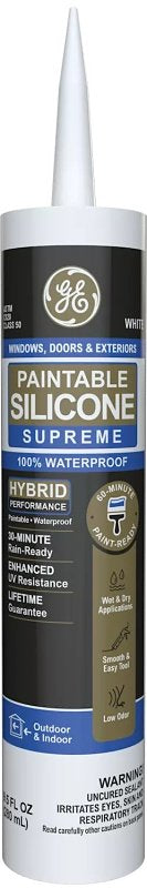 GE Paintable Silicone Supreme 2867507 Kitchen and Bath Sealant, White, 24 hr Curing, -30 to 150 deg F, 10.1 fl-oz