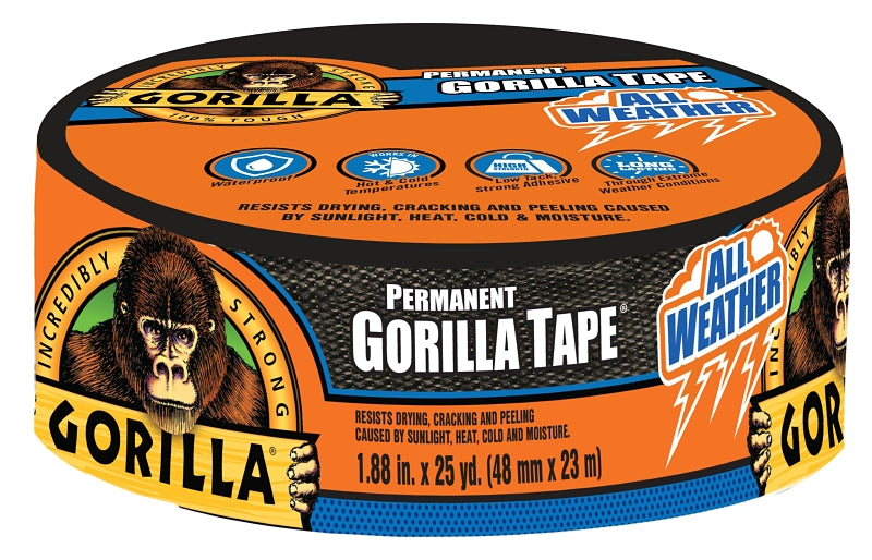 Gorilla 6009002 Permanent Tape, 25 yd L, 1.88 in W, Black