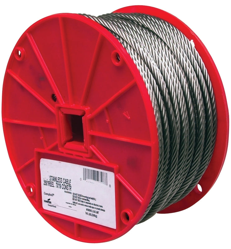 Campbell 7000826 Aircraft Cable, 1/4 in Dia, 250 ft L, 1280 lb Working Load, 304 Stainless Steel