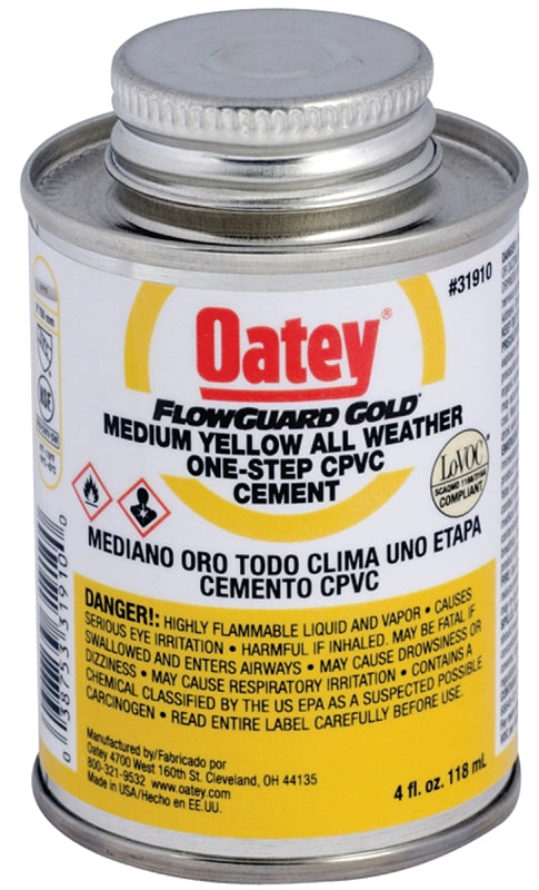 Oatey 31911 Solvent Cement, 8 oz Can, Liquid, Yellow