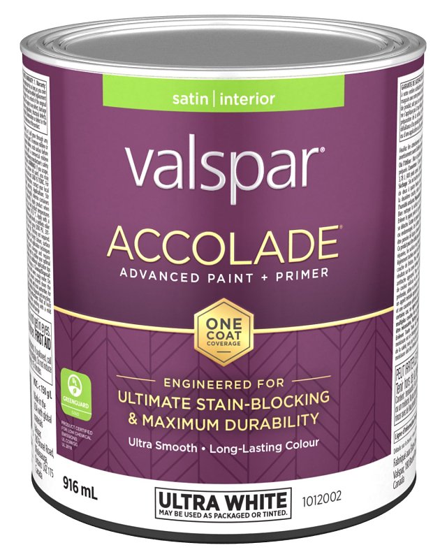 Accolade 029.1012002.005 Interior Paint and Primer, Acrylic, Satin, Ultra White, 1 qt, 37 sq-m Coverage Area