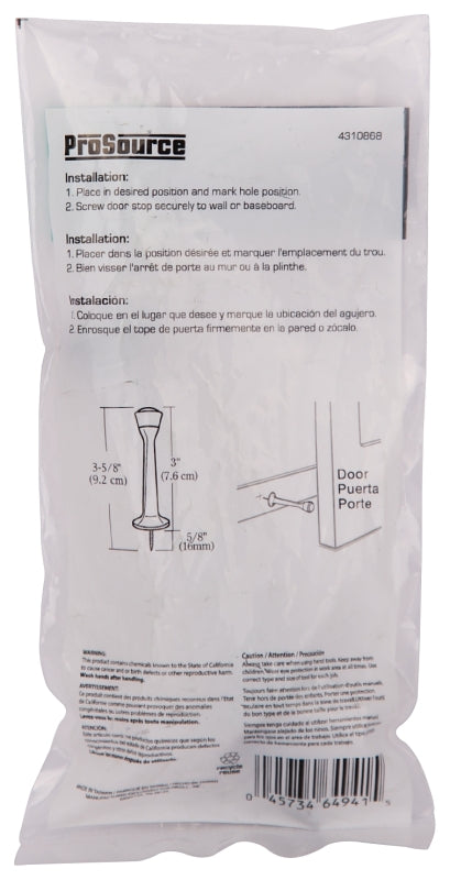 Prosource CL-208P-VB-PS Heavy-Duty Rigid Door Stop, 1 in Dia Base, 3 in Projection, Die-Cast Zinc & Plastic
