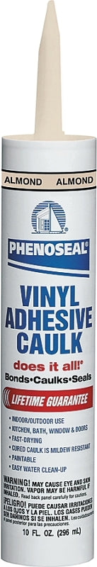 DAP PHENOSEAL 02102 Vinyl Adhesive Caulk, Almond, 48 hr Curing, -20 to 180 deg F, 10 oz Cartridge