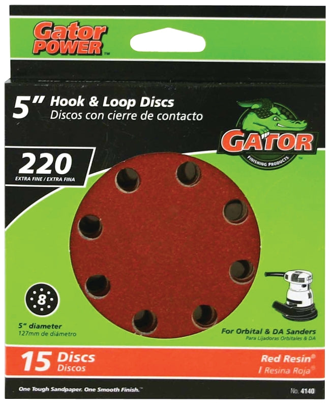 Gator 4140 Sanding Disc, 5 in Dia, 220 Grit, Extra Fine, Aluminum Oxide Abrasive, Vented