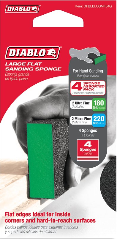 Diablo DFBLBLOSMF04G Flat Sanding Sponge Assorted Pack, 5 in L, 3 in W, 180, 220 Grit, Ultra Fine