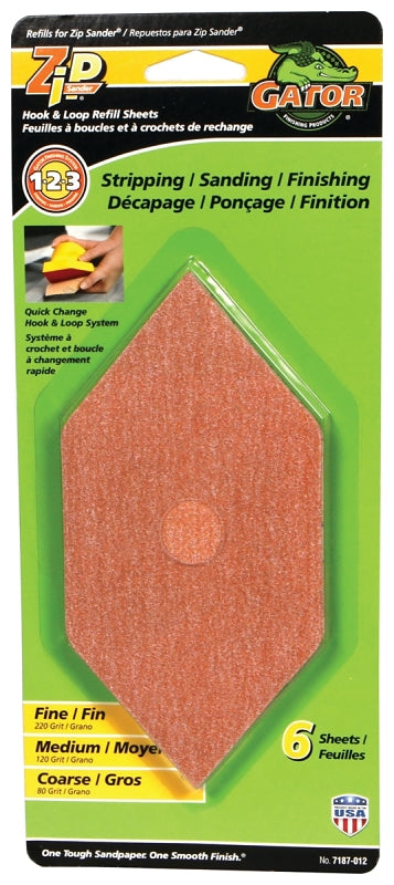 Gator Zip 7187-012 Refill Sheet, 6 in L, 3 in W, Extra Fine, Fine, Medium, 80 Grit, Aluminum Oxide Abrasive