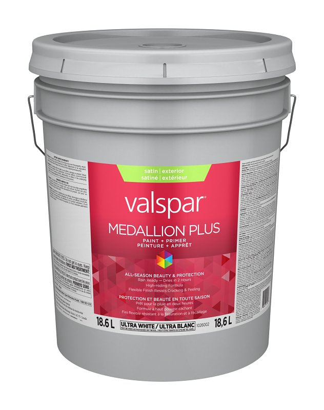 Medallion Plus 029.1026002.008 Exterior Paint and Primer, Acrylic, Satin, Ultra White, 5 gal