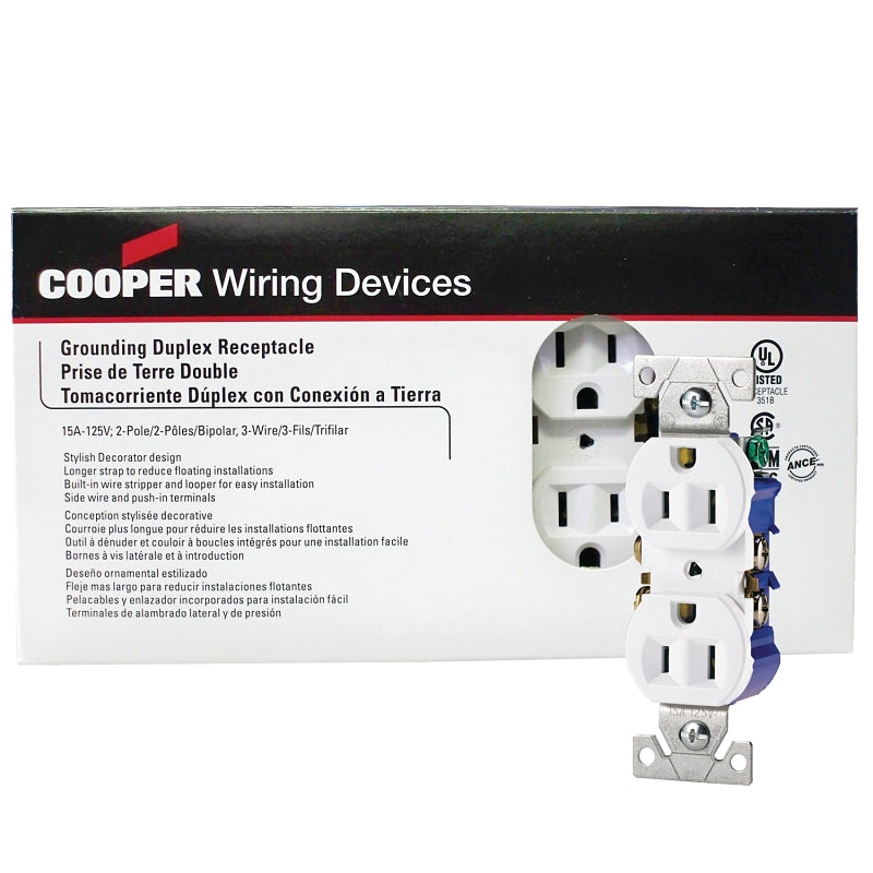 Eaton Wiring Devices 270W-JP-C Duplex Receptacle, 2 -Pole, 15 A, 125 V, Push-in, Side Wiring, NEMA: 5-15R, White