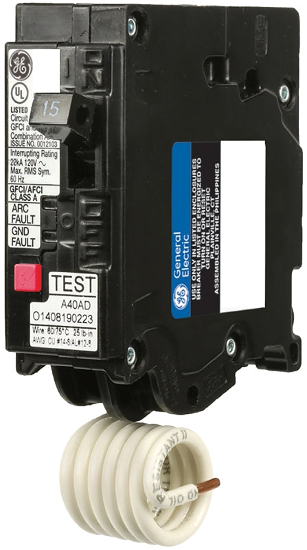 GE THQL1115DFP Circuit Breaker, AFCI, Dual Function, GFCI, 15 A, 1 -Pole, 120/240 VAC, Plug Mounting