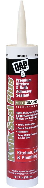 DAP KWIK SEAL PLUS 18519 Adhesive Sealant, Biscuit, 24 hr Curing, -20 to 150 deg F, 10.1 oz Tube