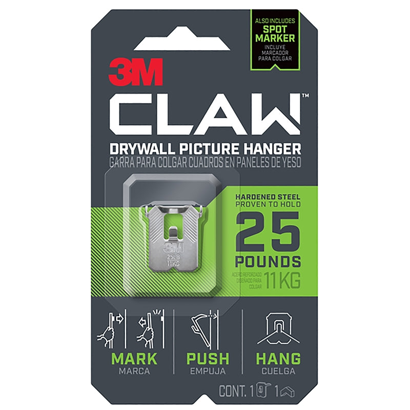 3M CLAW 3PH25M-1ES Drywall Picture Hanger, 25 lb, Steel, Push-In Mounting