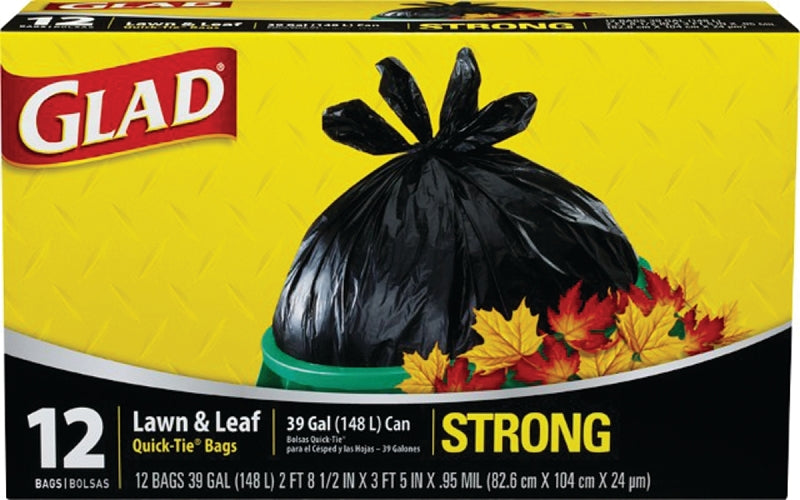 Glad 70028 Lawn and Leaf Bag, 32-1/2 in L, 38 in W, 39 gal, Black, Quick Tie