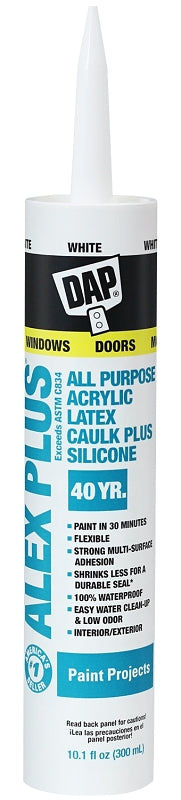 DAP ALEX PLUS 18152 Acrylic Latex Caulk with Silicone, White, -20 to 180 deg F, 10.1 fl-oz Cartridge