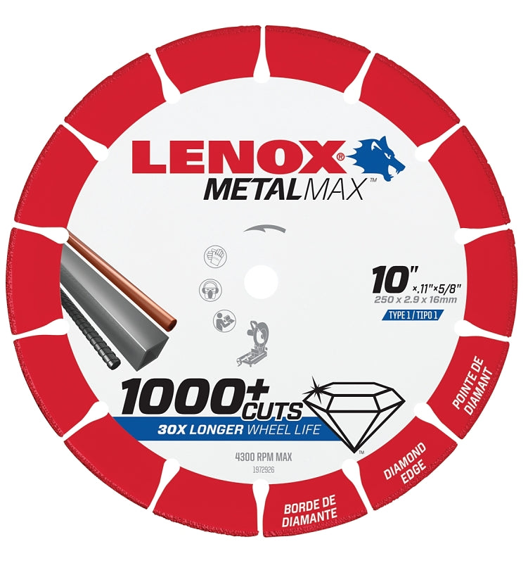 Lenox MetalMax 1972926 Cut-Off Wheel, 10 in Dia, 0.1 in Thick, 5/8 in Arbor, 25, 30 Grit, Diamond Abrasive