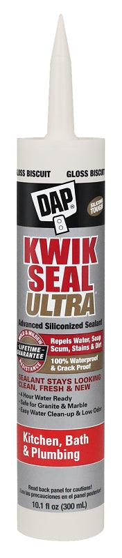 DAP KWIK SEAL ULTRA 18899 Siliconized Sealant, Biscuit, 0 to 150 deg F, 10.1 oz Cartridge