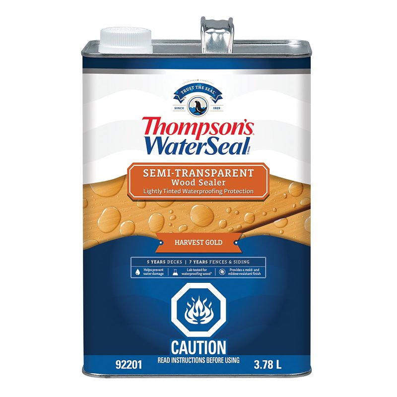 Thompson's WaterSeal THCP92201-16 Wood Sealer, Semi-Transparent, Liquid, Harvest Gold, 1 gal, Can