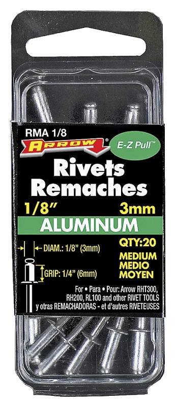 Arrow RMA1/8 Pop Rivet, Medium, 1/4 in L, Aluminum