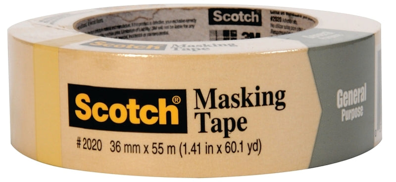 Scotch 2020-1.5A Masking Tape, 60 yd L, 1-1/2 in W, Crepe Paper Backing, Beige