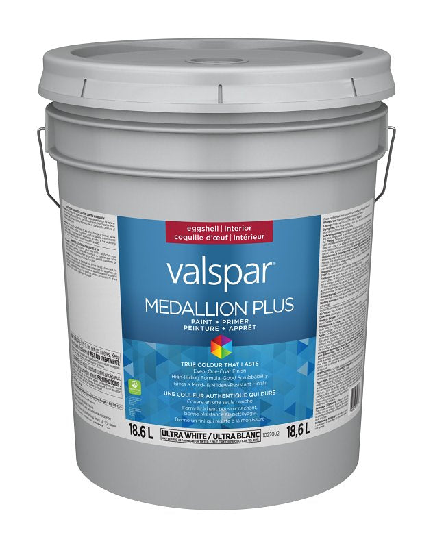 Medallion Plus 029.1022002.008 Interior Paint and Primer, Acrylic, Eggshell, Ultra White, 5 gal, 37 sq-m Coverage Area