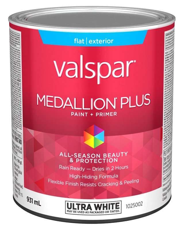 Medallion Plus 029.1025002.005 Exterior Paint and Primer, Acrylic, Flat, Ultra White, 1 qt, 400 sq-ft/gal Coverage Area