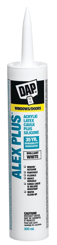 DAP ALEX PLUS 74270 Acrylic Latex Caulk Plus Silicone, White, 40 to 100 deg F, 300 mL Cartridge