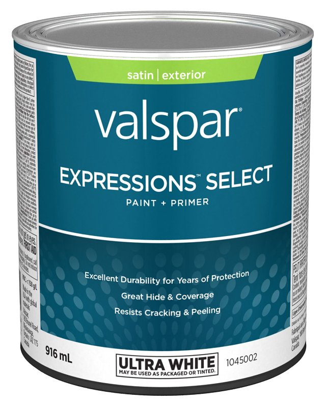 Expressions Select 029.1045002.005 Exterior Latex Paint and Primer, Acrylic, Satin, Ultra White, 1 qt