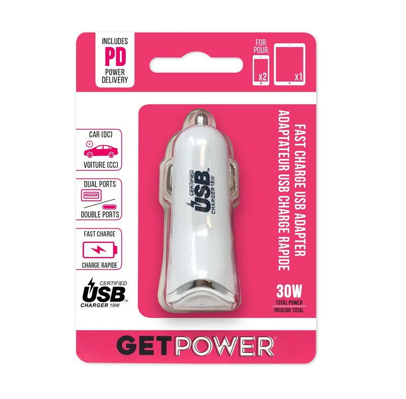 GetPower GP-DC2USB-PD Dual Port DC Car Adapter, 2.4 A Output, White Housing