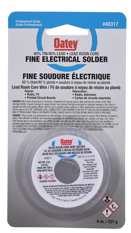 Oatey 48317 Rosin Core Wire Solder, 226 g Carded, Solid, Silver Gray, 182.22 to 237.78 deg C Melting Point