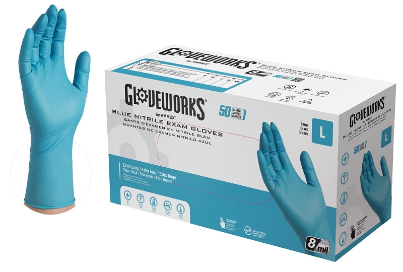 Ammex GPNHD66100 Non-Sterile Disposable Gloves, L, Nitrile, Powder-Free, Blue, 300 mm L